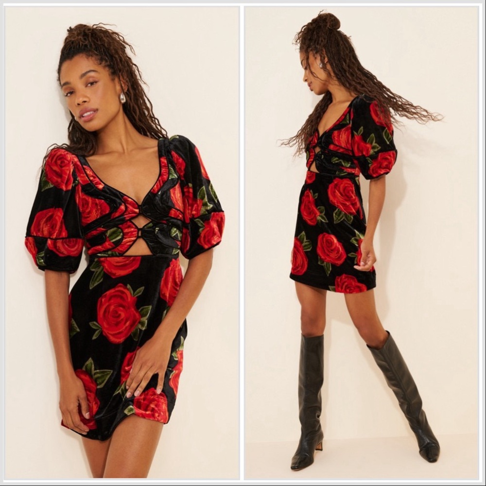 Farm Rio Velvet Rose Puff Sleeve Mini Dress sz XS